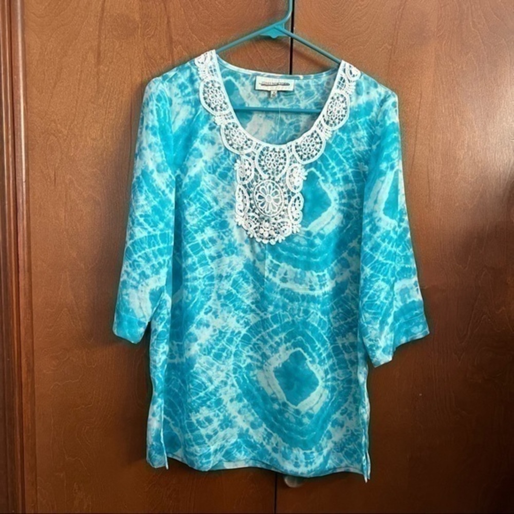 Jones New York Tunic NWT Sz Small Blue Curaçao Beaded Lace Neckline